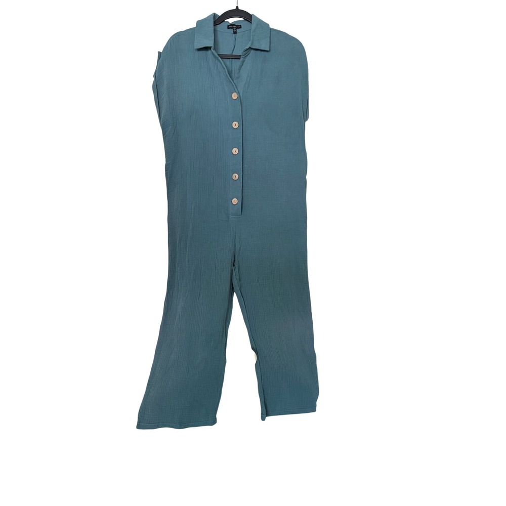 Ever After Teal Textured Gauze Button Front Wide Leg Jumpsuit Small Casual